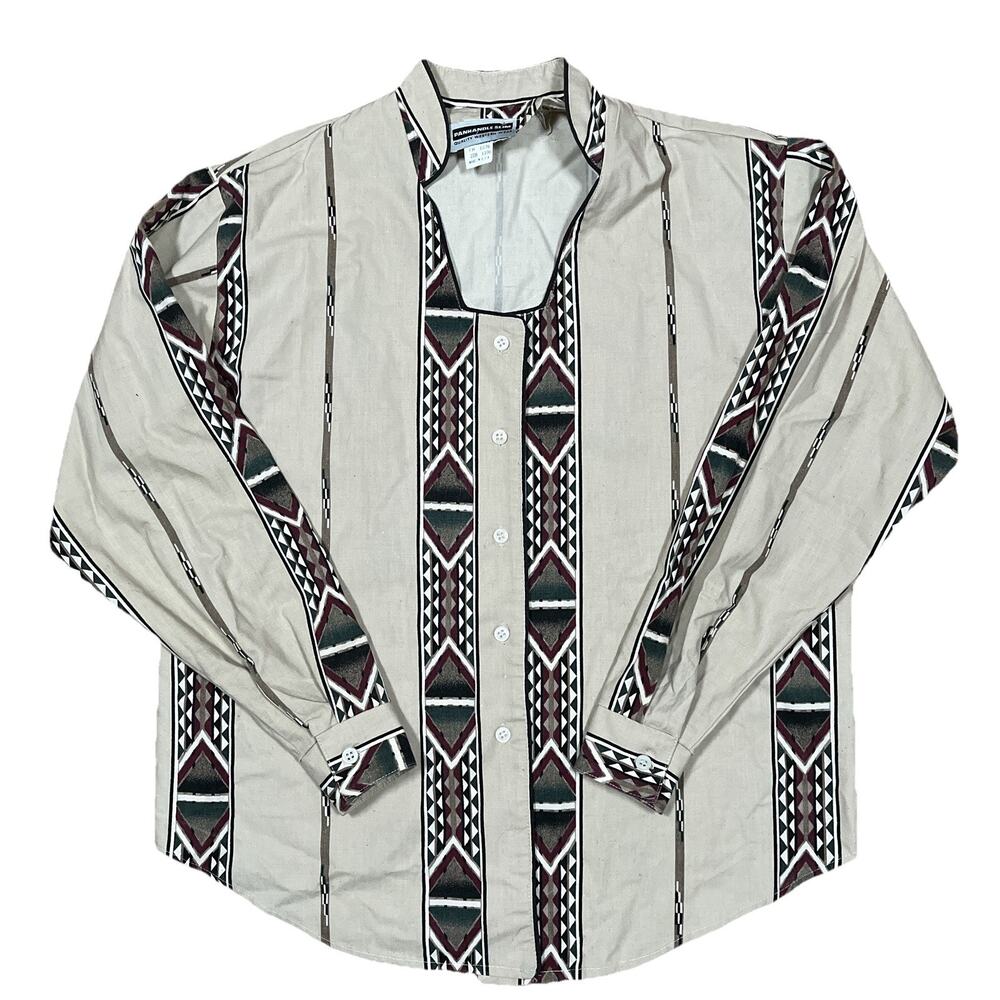 Vintage Womens Western Aztec Shirt S Panhandle Slim Deep Cut Band Collar USA